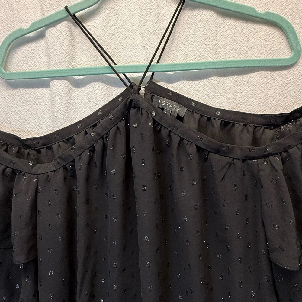 Steam Punk STATE Black Glittery Halter Off-Shoulder Blouse |Poet Sleeves | Moody - Picture 3 of 9
